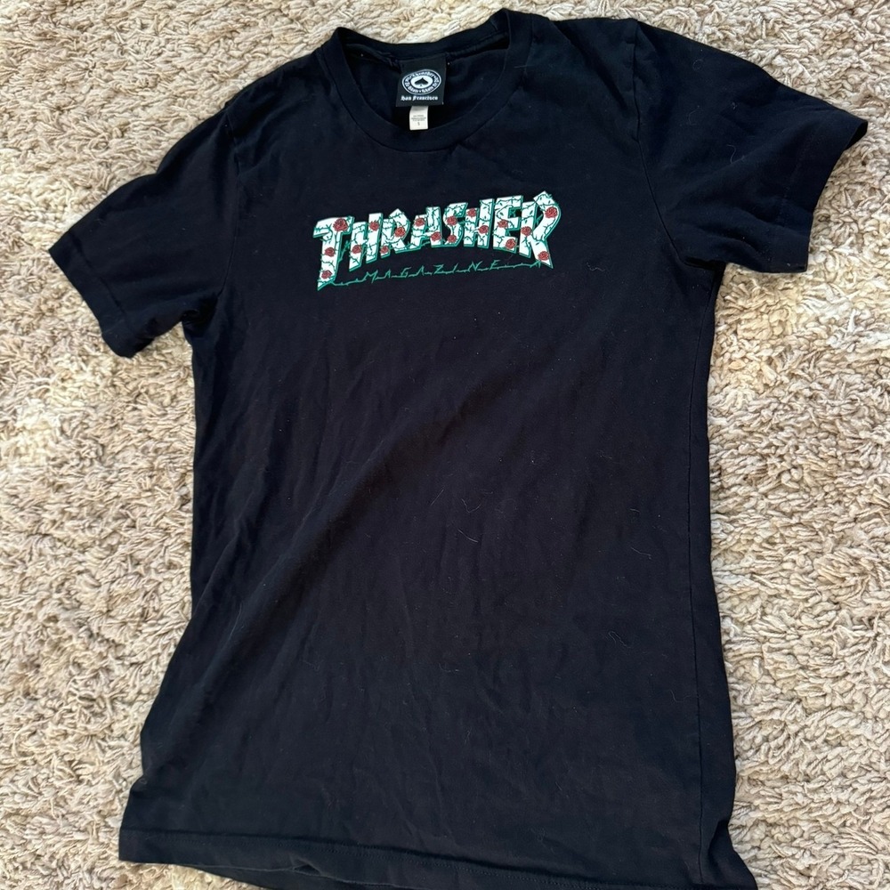 Thrasher Magazine Rose Thorn Logo Graphic T-Shirt Black Small Skateboard Tee - Picture 2 of 5